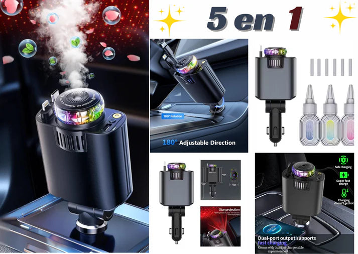 Chargeur de Voiture Rétractable 5 en 1 avec Diffuseur de parfum & Projecteur Ciel Étoilé